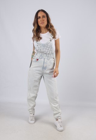 VINTAGE DENIM DUNGAREES WIDE TAPERED LEG UK 10 S (W5B)