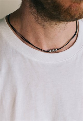 BLACK STRING NECKLACE FOR MEN SILVER BEADS GIFT FOR HIM