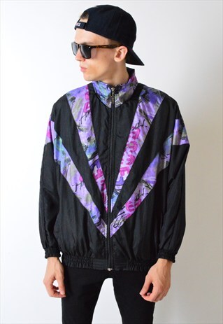 VINTAGE 90S BLACK ABSTRACT SHELL BOMBER JACKET