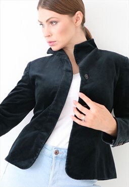 Velvet 90s Military Jacket Black Vintage Blazer Fitted