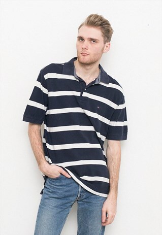 VINTAGE TOMMY HILFIGER POLO SHIRT BLUE WHITE STRIPES