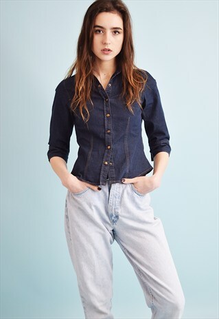 90'S RETRO KITSCH MINIMALIST DENIM PETITE SHIRT TOP