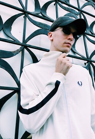 VINTAGE 90S WHITE BLACK STRIPE FRED PERRY TRACK JACKET