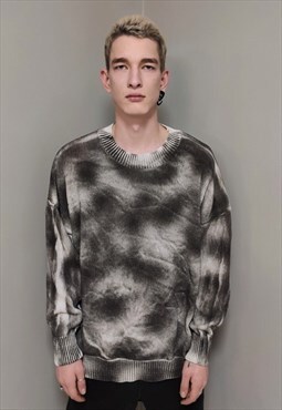 Oil wash knitted sweater tie-dye jumper gradient top in grey