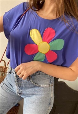 Vintage 80s Floral applique Boheme blouse top shirt