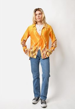 80s abstract patterned long sleeve shirt orange women's