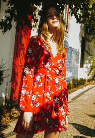 V-NECK DRESS - RED WITH FLORAL PATTERN