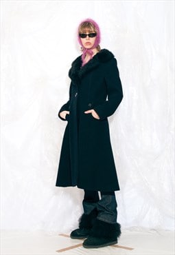 Vintage 70s Winter Coat with Faux Fur Collar in Black Wool