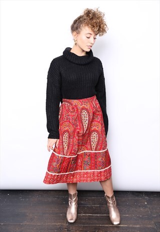 VINTAGE 80S RED PAISLEY PRINT MIDI SKIRT