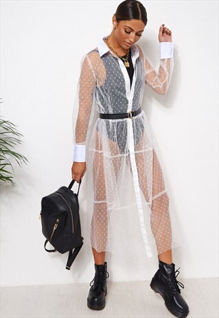 WHITE MESH POLKA DOT SHIRT DRESS