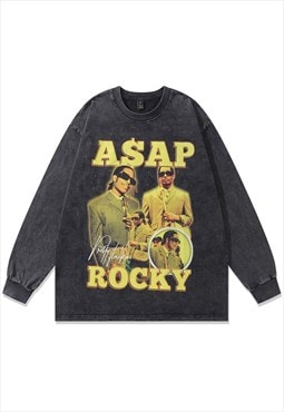 Rapper t-shirt hip-hop vintage wash long tee grunge top grey