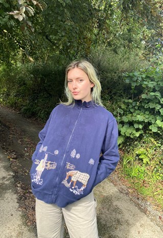 VINTAGE 80S SIZE L HORSE EMBROIDERED ZIP SWEATSHIRT IN BLUE