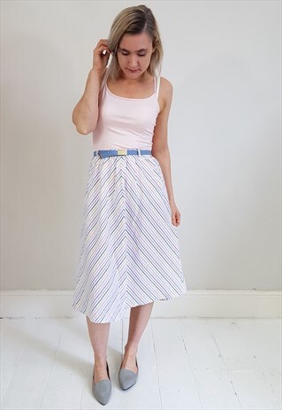 VINTAGE 70'S CANDY STRIPED MIDI SKIRT W/ BLUE STRETCH BELT