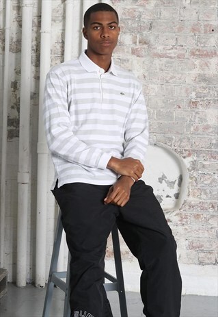 VINTAGE LACOSTE LOGO STRIPED LONG SLEEVED POLO SHIRT WHITE