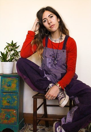 FAIRTRADE PURPLE BLOCK PRINT OVERALLS DUNGAREES