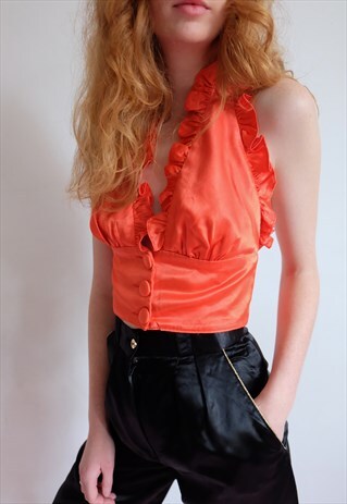 VINTAGE 70S ORANGE SATIN DISCO HALTER NECK RUFFLE CROP TOP
