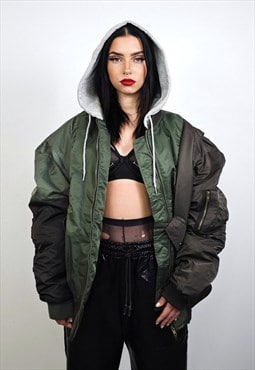 Hooded oversize bomber jacket green colour block varsity 