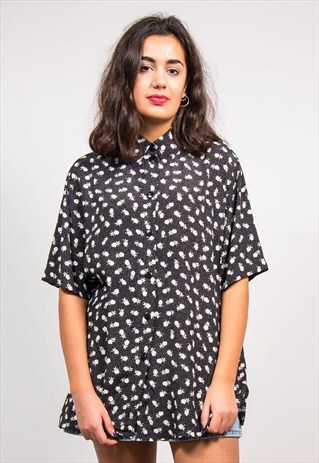 90'S VINTAGE MONOCHROME FLORAL PATTERN BLOUSE SHIRT