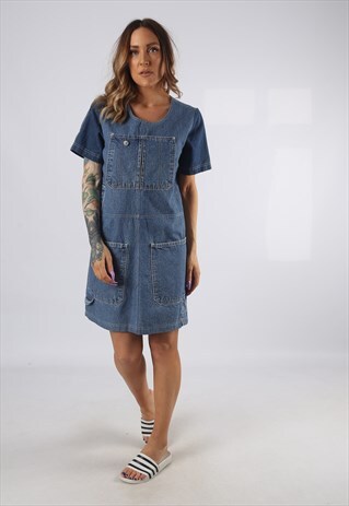 VINTAGE DENIM DRESS BICH REWORKED DUNGAREES UK 10 - 12 9DDJ)