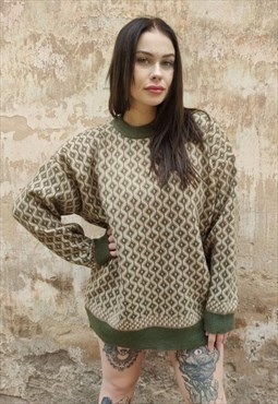 Geometric sweater 90s retro diamond jumper in khaki green