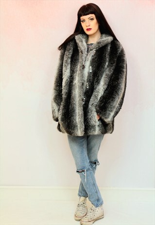 1980S VINTAGE GREY AND BLACK FAUX FUR COAT