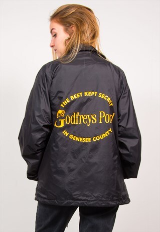 VINTAGE 90'S BLACK GODFREYS POND SLOGAN USA COACH JACKET