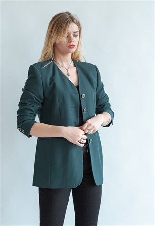 VINTAGE 80S V-NECK BLAZER IN GREEN