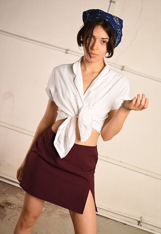90'S RETRO MAROON SIDE SPLIT MINI SKIRT