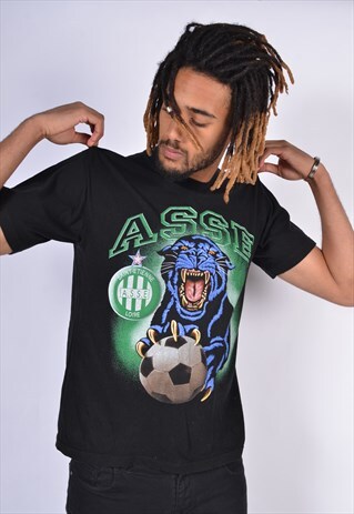 VINTAGE PANTHER SOCCER BALL GRAPHIC PRINT T-SHIRT BLACK