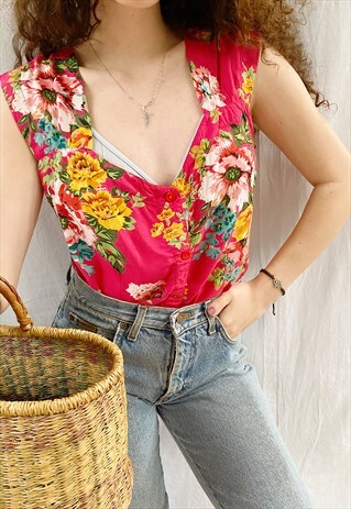 VINTAGE 80S ENGLISH COTTAGE GARDEN FLOWER BLOUSE TOP BOHO