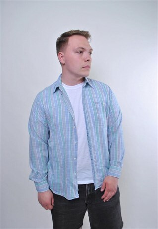 VINTAGE MULTICOLOR PLAID SHIRT, MEN RETRO SUMMER BUTTON UP