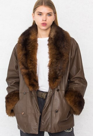 VINTAGE BROWN FAUX FUR LEATHER SHERPA SHEARLING JACKET