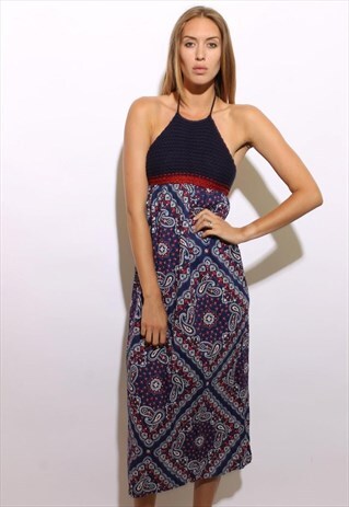 VINTAGE 70S CROCHET HALTER MAXI DRESS PAISLEY KERCHIEF XS-S