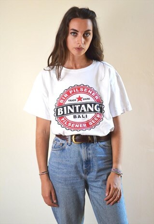 90S VINTAGE WHITE BALI BINTANG BEER PRINTED TRAVEL T SHIRT