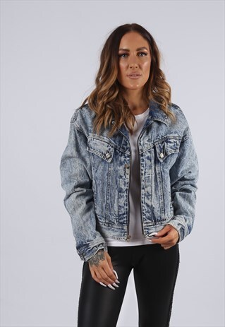 VINTAGE DENIM JACKET OVERSIZED ACID WASH UK 12 M (CJ3A)