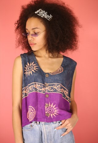 VINTAGE 90S Y2K PAREO HIPPIE FESTIVAL CROP TOP BUTTONED VEST