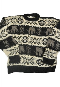 Vintage Sweater Scandi Elephant Pattern Black/White Large