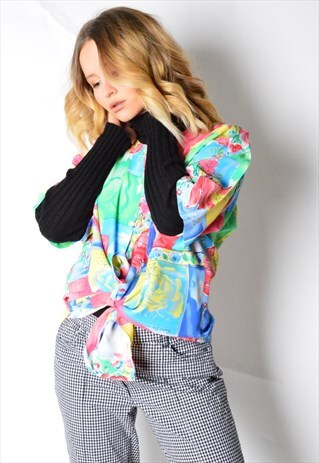 VINTAGE 80S COLOURFUL FLOWER COLLARLESS SHORT SLEEVE SHIRT
