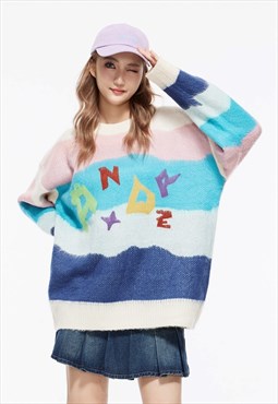 Color block sweater striped jumper knitted fluffy top cream