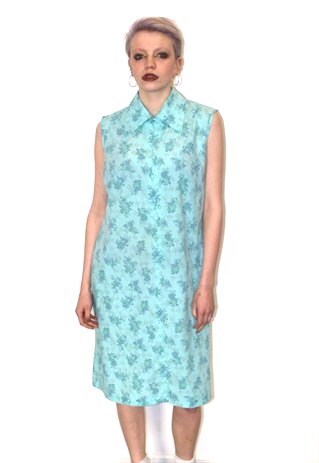70S VINTAGE FESTIVAL TURQUOISE FLORAL PRINT SHIFT TEA DRESS