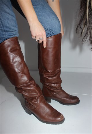 VINTAGE 80S FLEECE LINED BROWN LEATHER KNEE HIGH BOOTS
