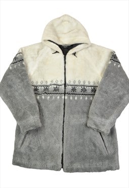 Vintage Hooded Jacket Retro Pattern Grey/White Ladies Large