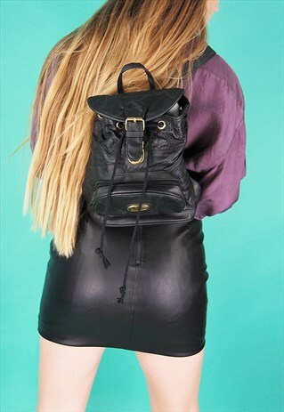 SMALL BLACK REAL LEATHER PATCHWORK RUCKSACK
