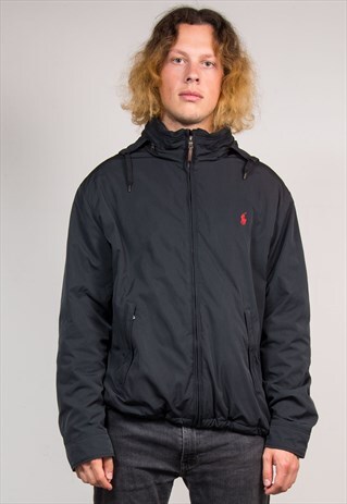 VTG 90'S RALPH LAUREN POLO BLACK HOODED FLEECE LINED JACKET