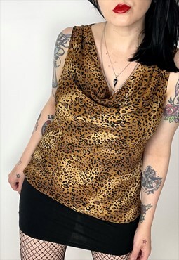 Y2K Style Grunge Leopard Print cowl neck top 