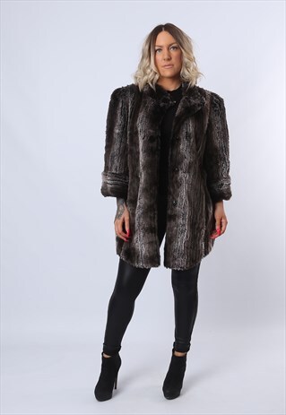 FAUX FUR COAT JACKET VINTAGE MID LENGTH UK 14 (CXD)