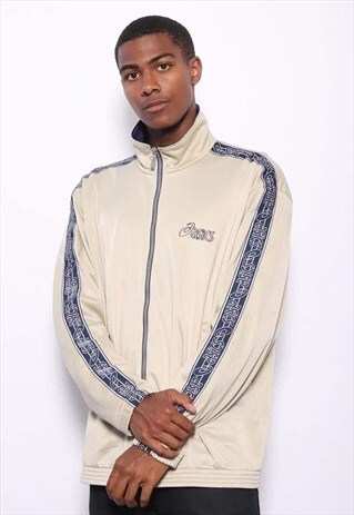 VINTAGE ASICS BIG TAPE LOGO TRACK TOP JACKET BEIGE