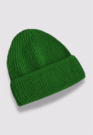 WOOL RIB-KNIT GREEN BEANIE HATS FOR WOMEN