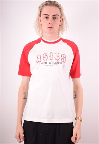 ASICS MENS VINTAGE T-SHIRT TOP SMALL WHITE 90S