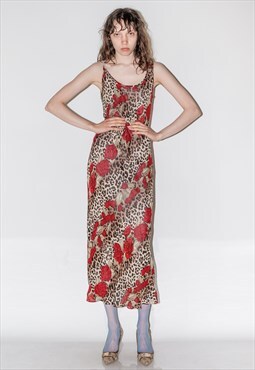 90's Vintage chic leopard, rose & cherry print summer dress